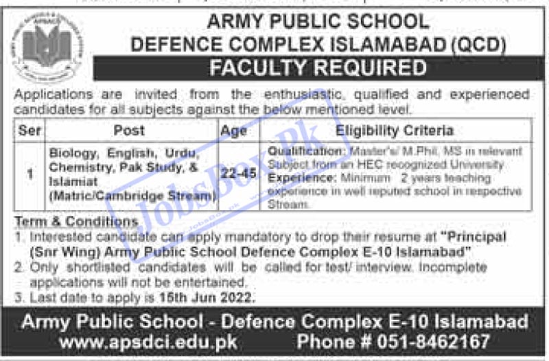 Army Public School APS Defence Complex Islamabad Jobs 2022