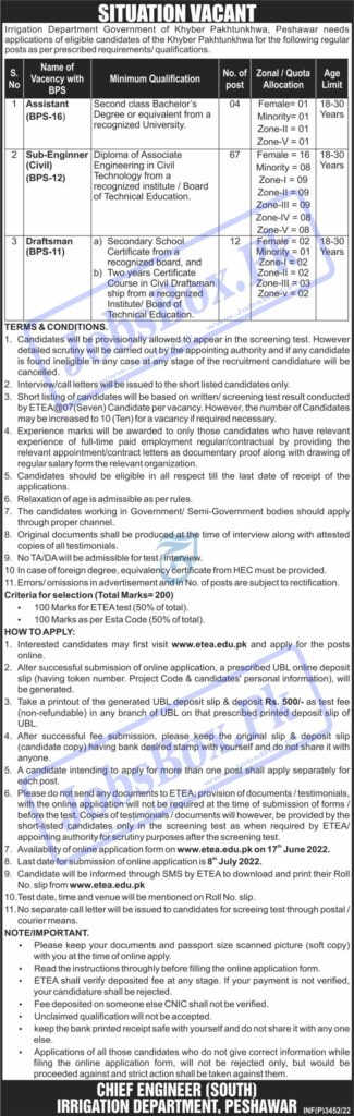 Irrigation Department KPK Jobs 2022 Online Form | www.etea.edu.pk