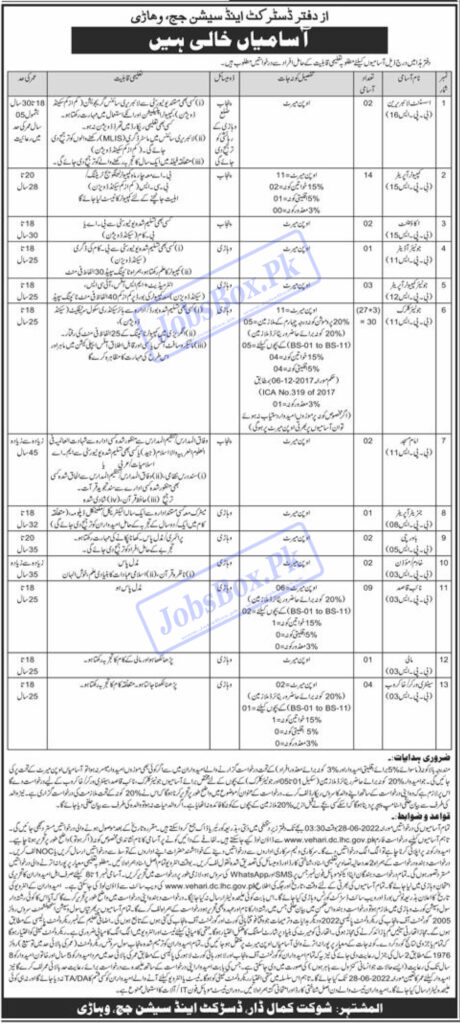 District and Session Courts Vehari Jobs 2022 – Download Form Online