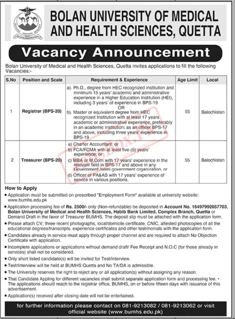 Bolan University of Medical and Health Sciences Jobs 2022