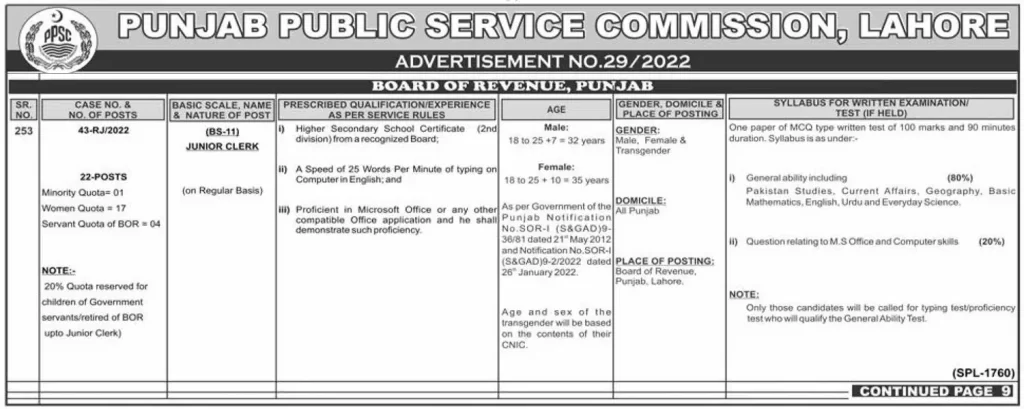 Junior Clerk Vacancies at Board of Revenue Punjab through PPSC 2022