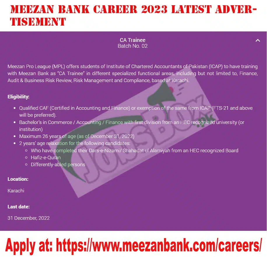 Meezan Bank announced CA Trainee Program Batch No. 2 2022