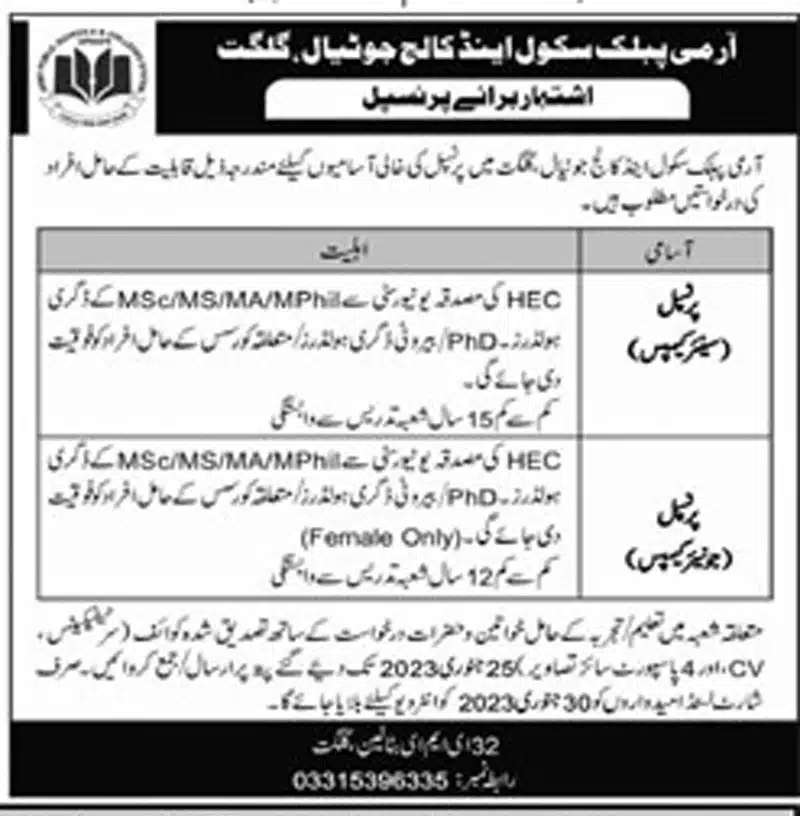 Army Public School APS and College Jutial Gilgit Jobs 2023