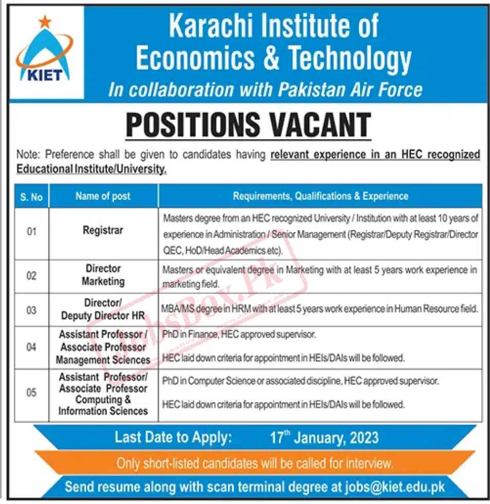 Karachi Institute of Economics and Technology KIET Jobs 2023