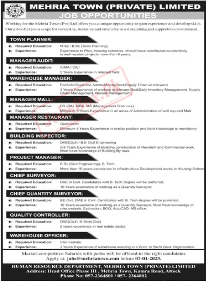 Mehria Town Private Limited Jobs 2023
