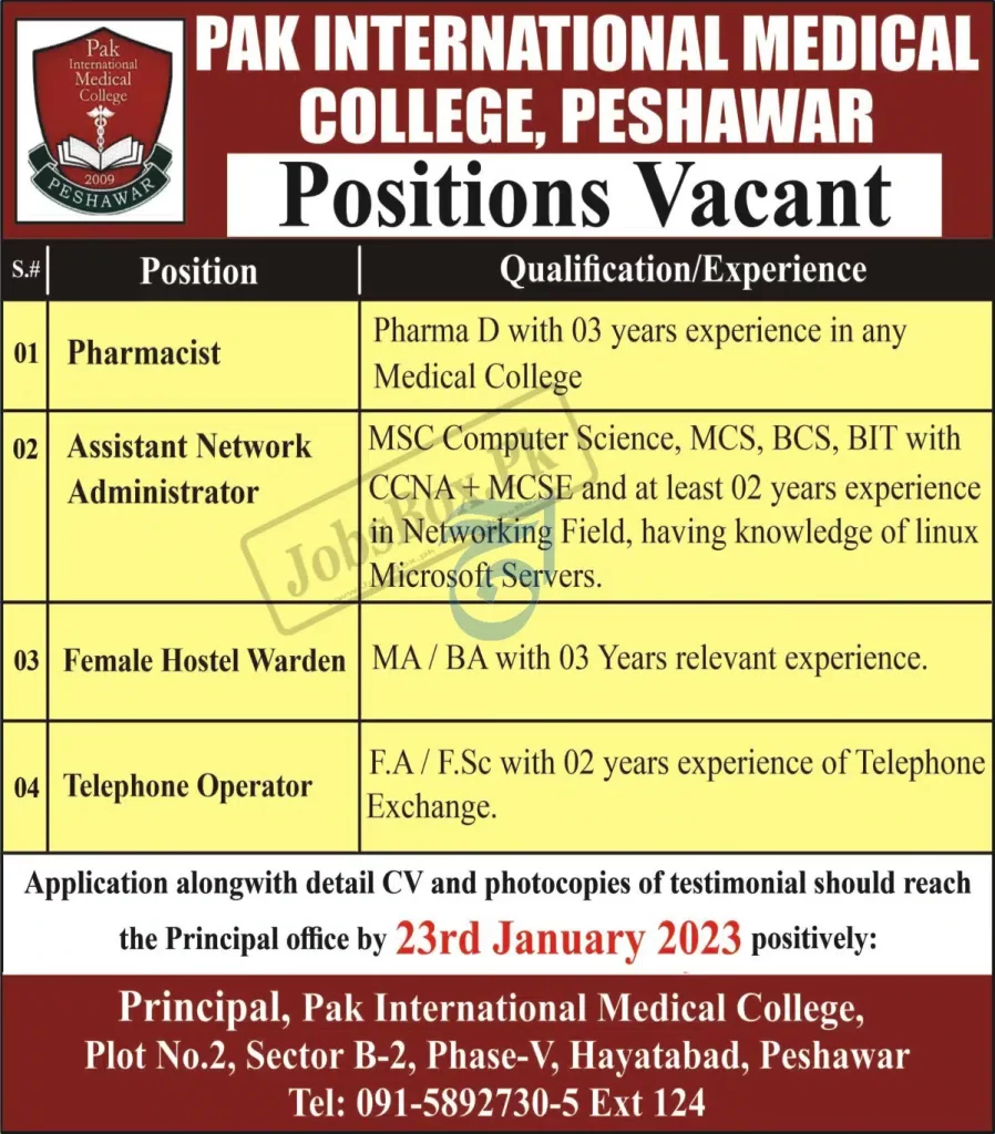 Pak International Medical College Peshawar Jobs 2023