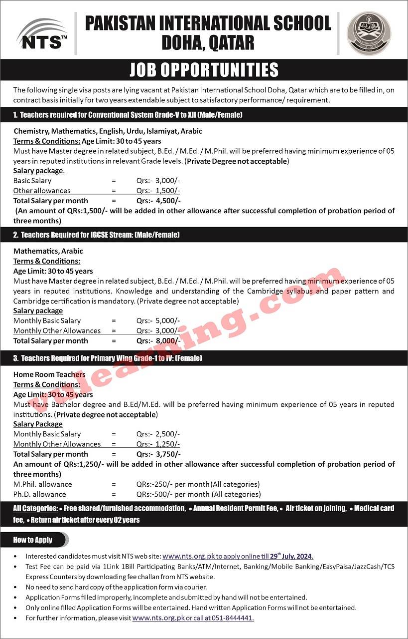 Pakistan International School Doha Qatar Jobs advertisement 2024