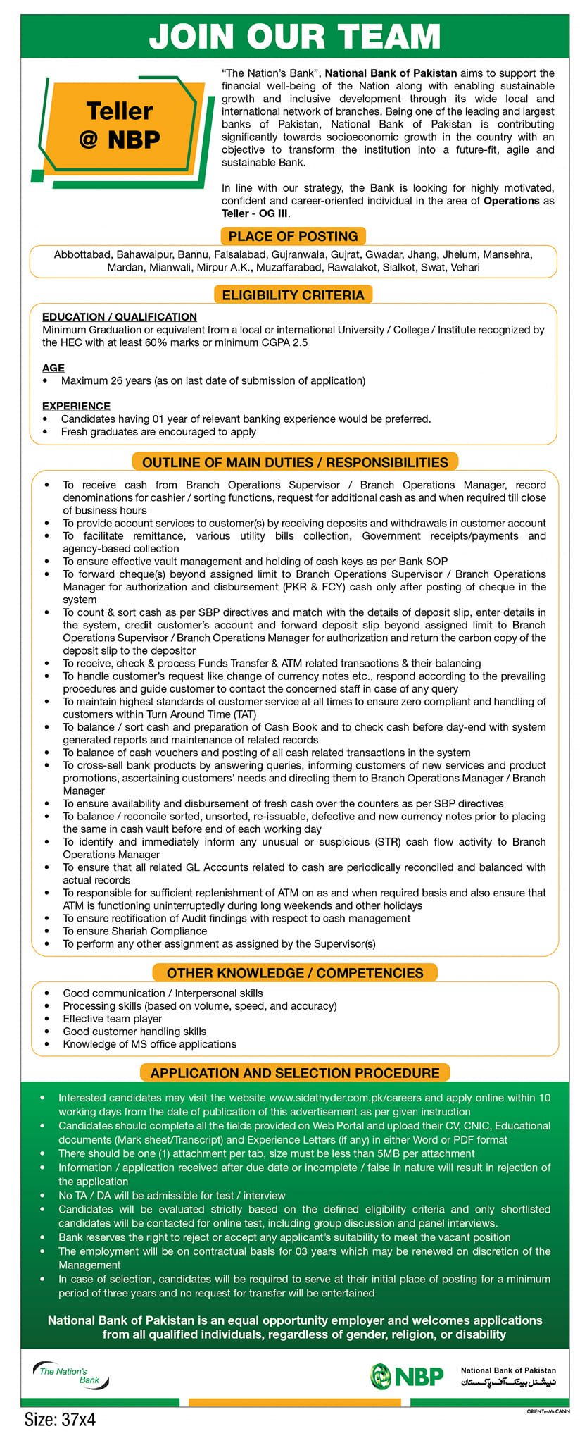 Teller Positions Available at the National Bank of Pakistan in 2024