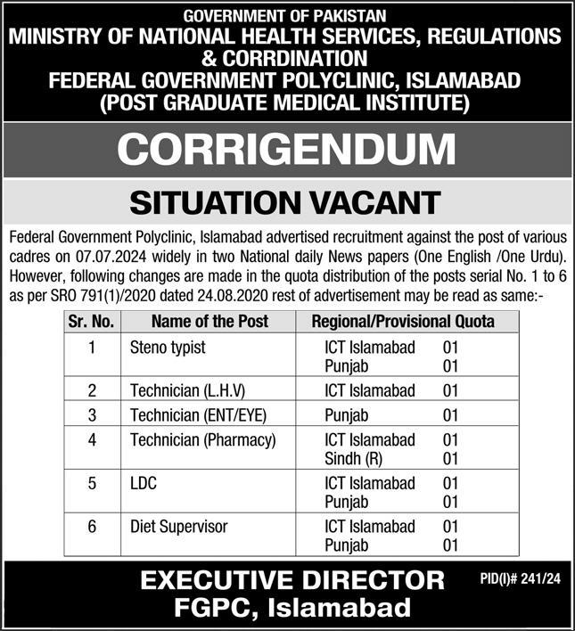 Ministry Of National Health Services (NIH) Jobs 2024 