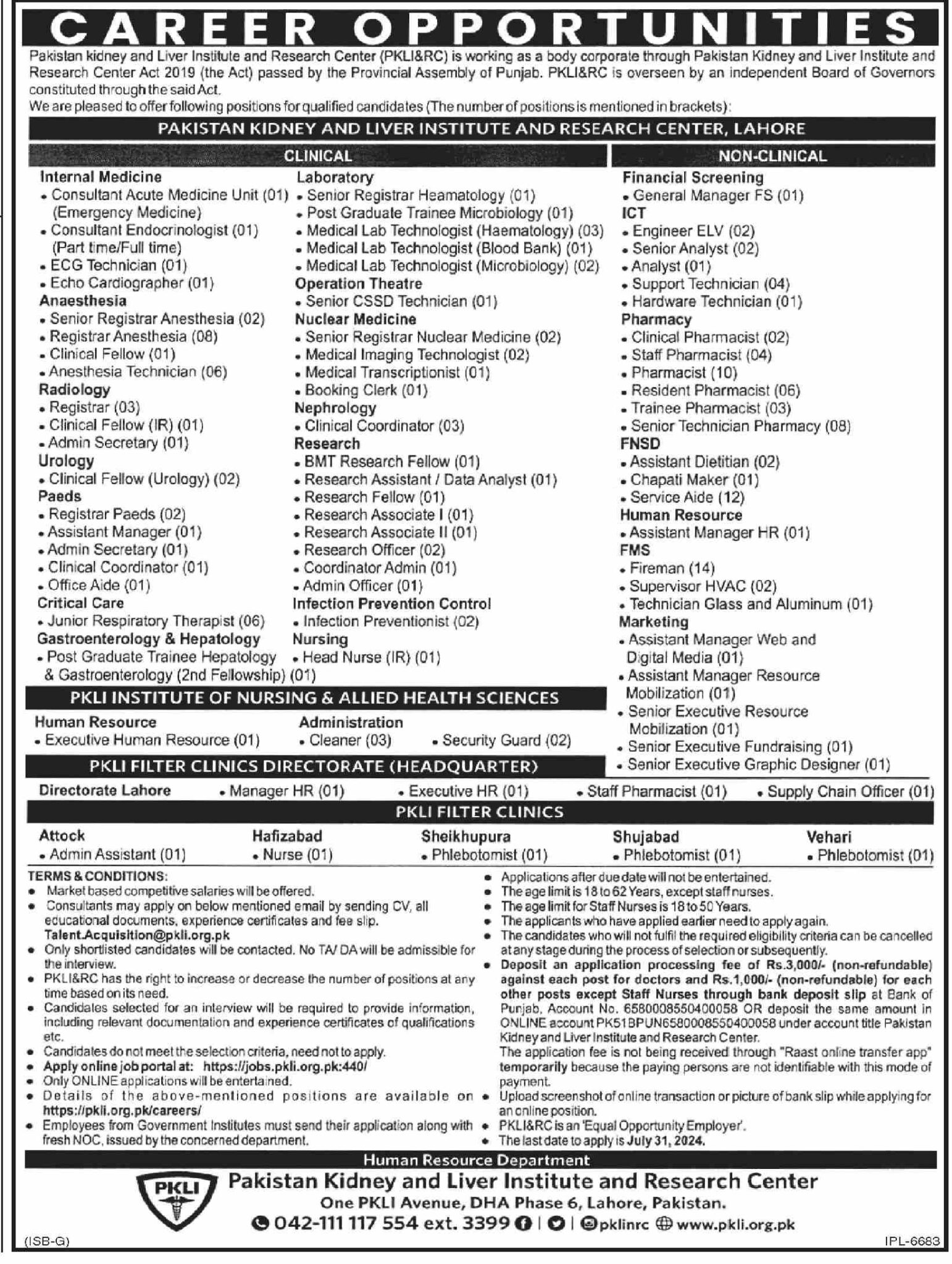 PKLI Jobs 2024 – Pakistan Kidney And Liver Institute & Research Center