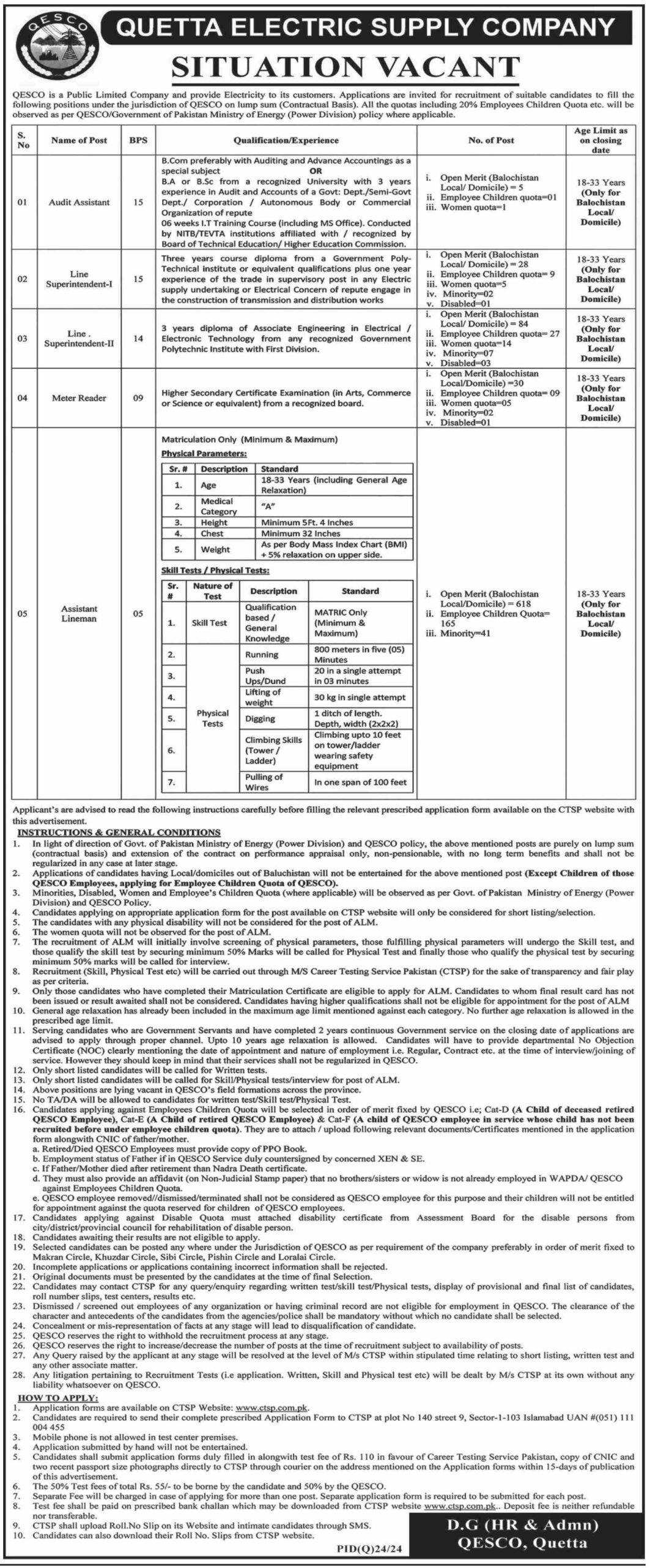 QESCO Jobs 2024 – Quetta Electric Supply Company Management Posts