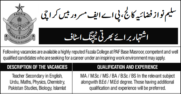 Job Openings for Teaching Positions in 2024 at PAF College Masroor Base