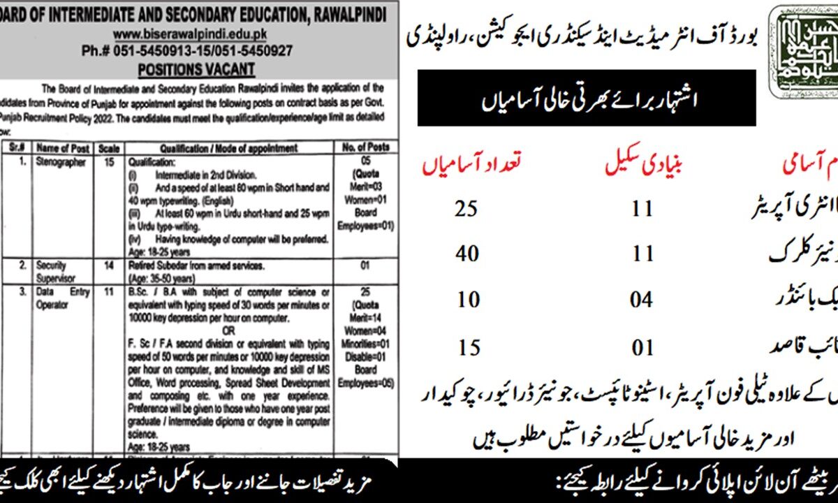 BISE Rawalpindi Jobs 2024