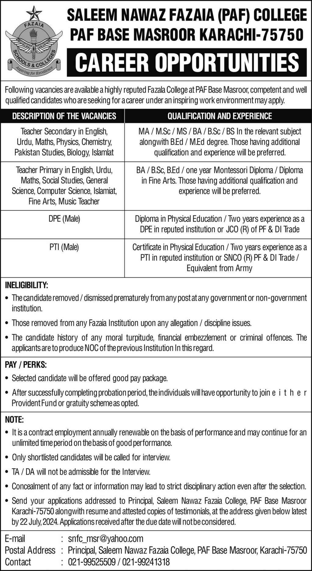 Job Openings for Teaching Positions in 2024 at PAF College Masroor Base