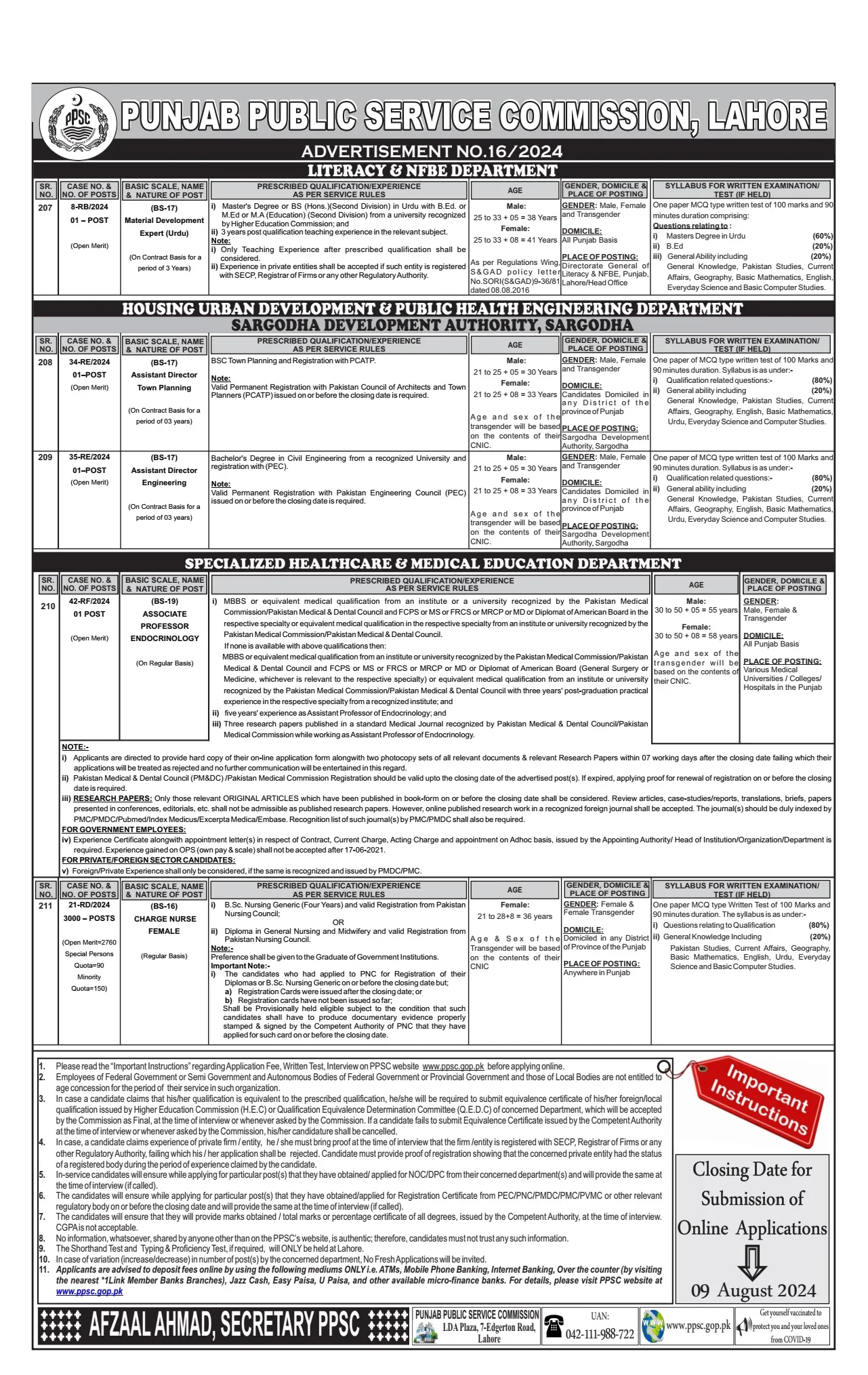 PPSC Jobs 2024 Advertisement No.16