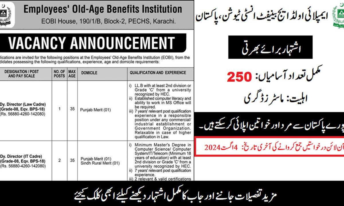 Employees Old-Age Benefits Institution Pakistan Jobs 2024 Latest Advertisement