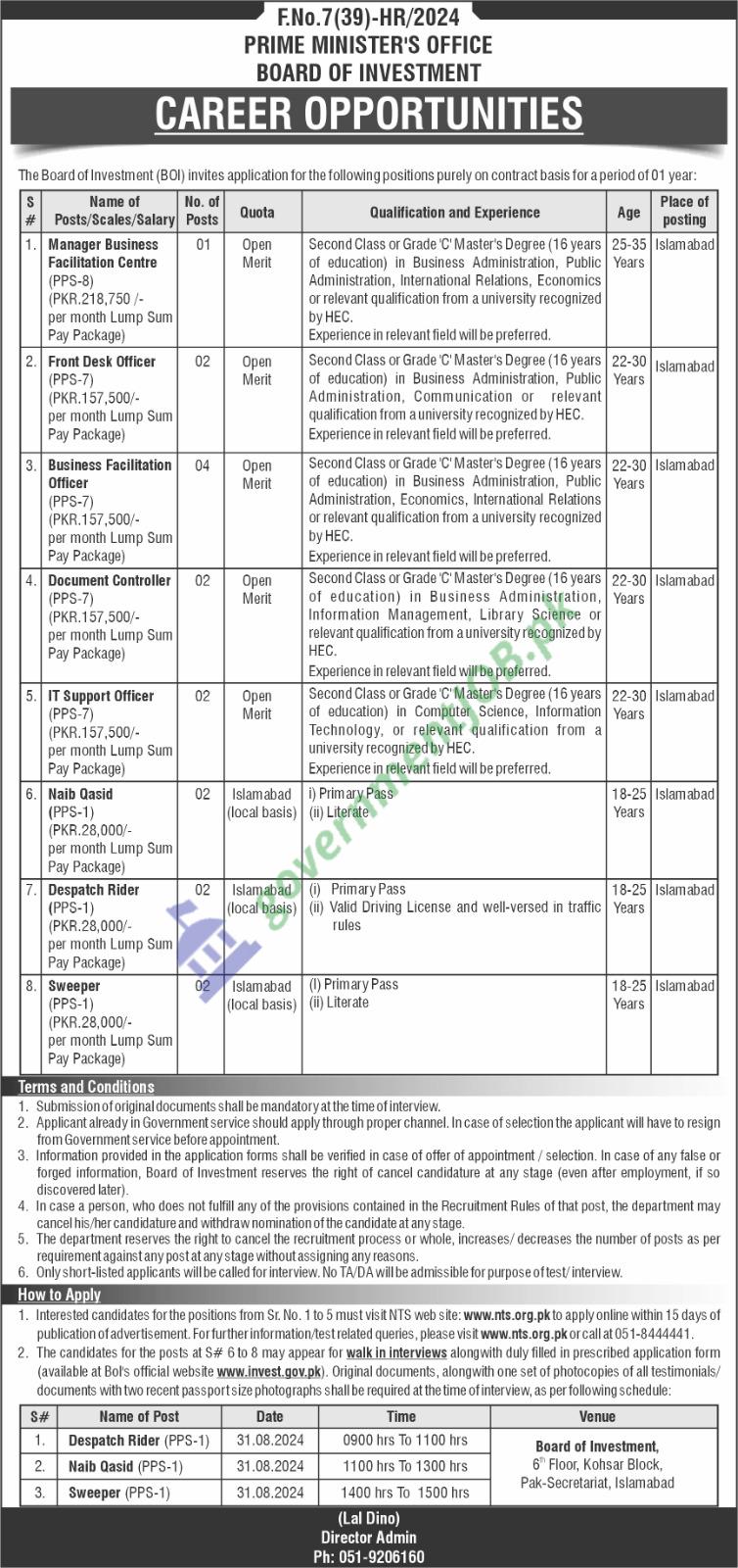 Board Of Investment BOI Jobs 2024 – Prime Minister’s Office Vacancies