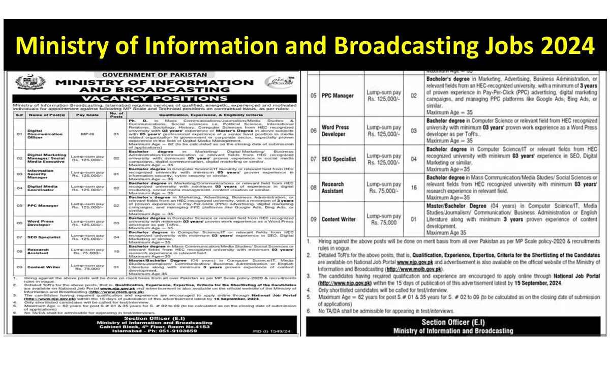 Ministry of Information and Broadcasting Jobs 2024