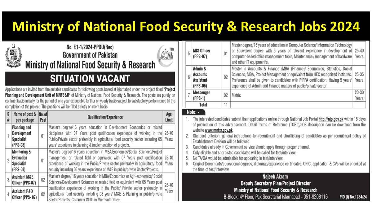 Ministry of National Food Security & Research Jobs 2024