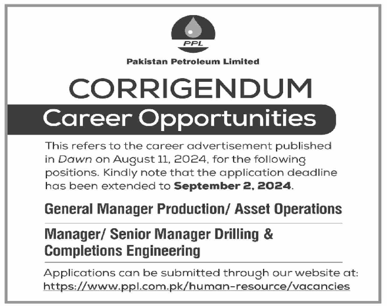 Pakistan Petroleum Limited PPL Jobs 2024 – Corrigendum For Deadline Extension