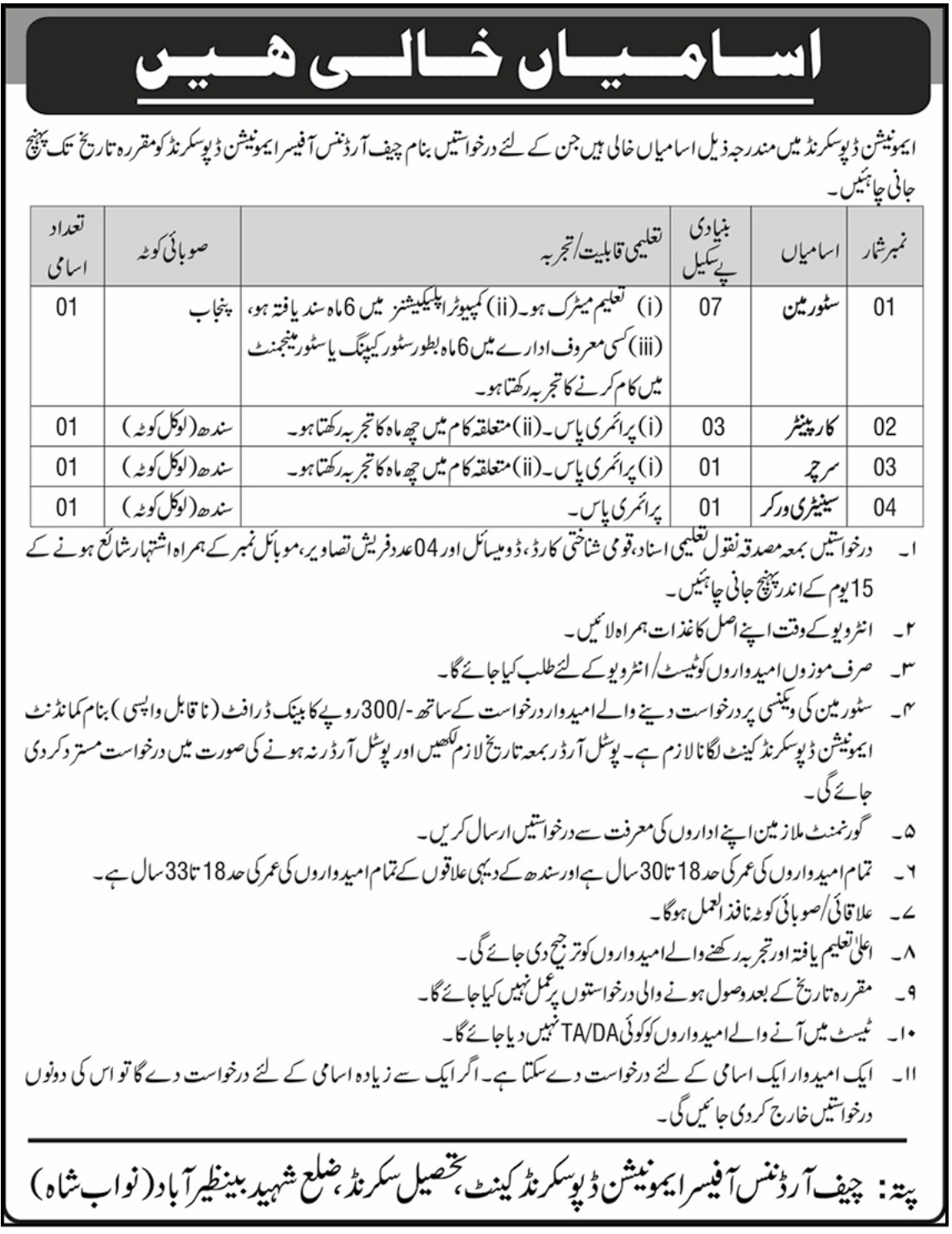 Pakistan Army Ammunition Depot Sakrand Jobs 2024