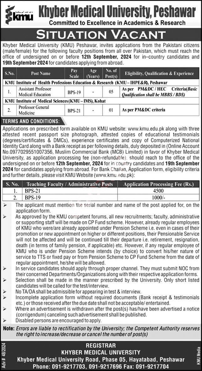 Khyber Medical University KMU Jobs 2024 | Faculty Positions Peshawar