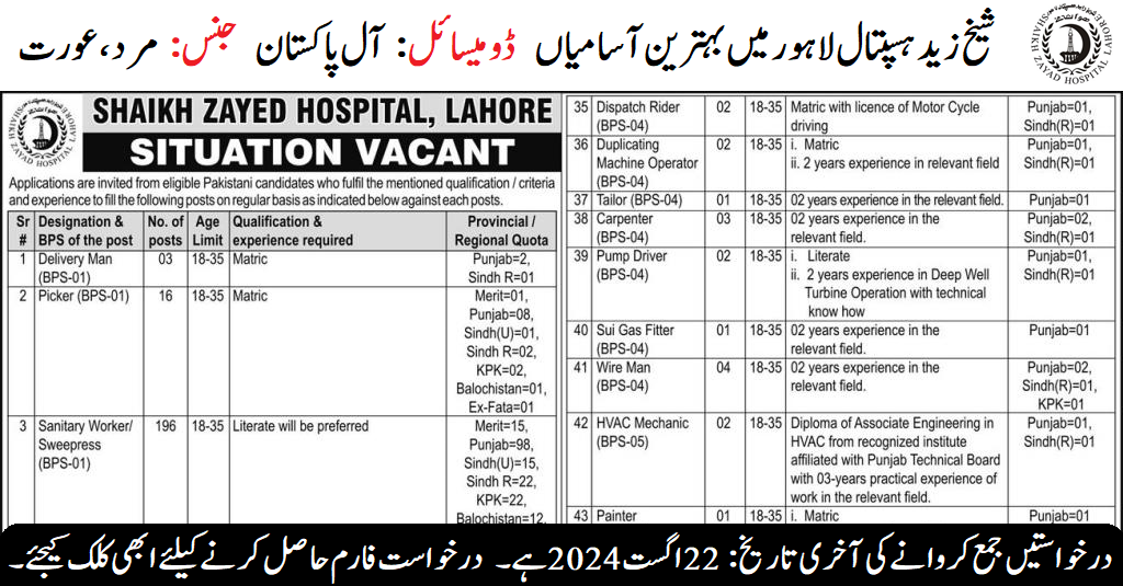 Shaikh Zayed Hospital Lahore (Latest Jobs August 2024)