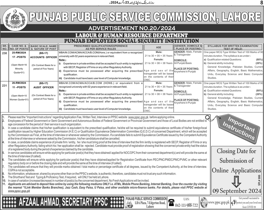 PPSC New Advertisement 20 (Latest) 2024