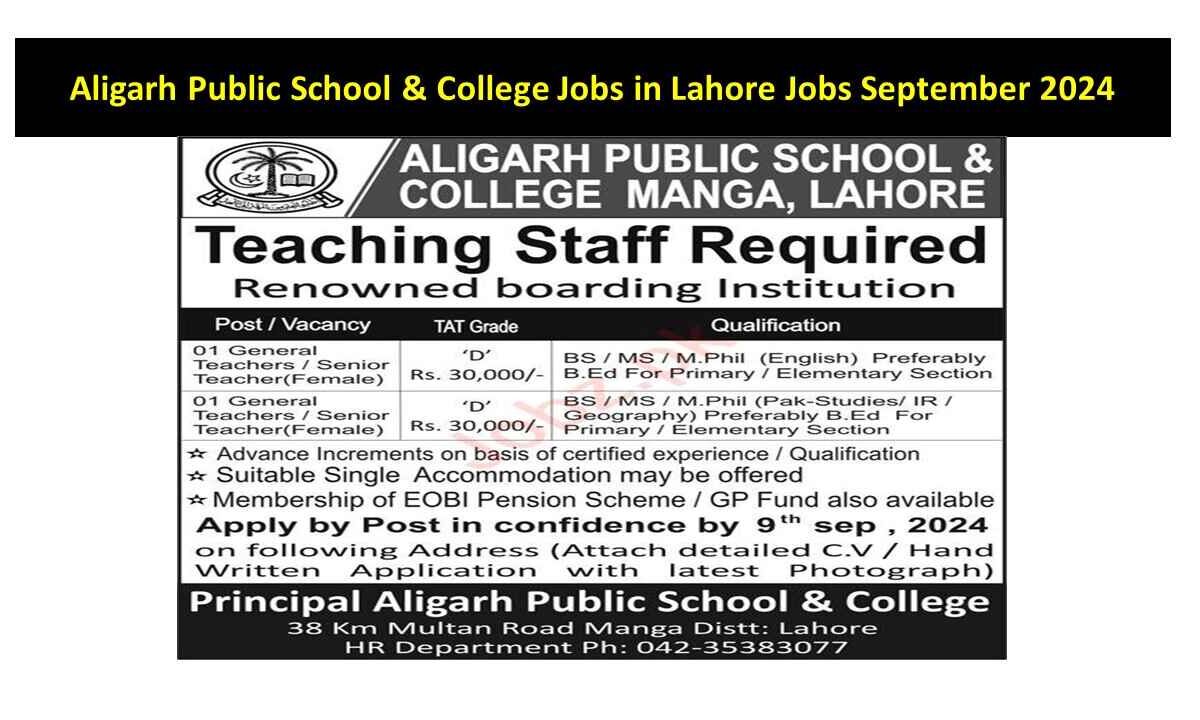 Aligarh Public School & College Jobs in Lahore Jobs September 2024