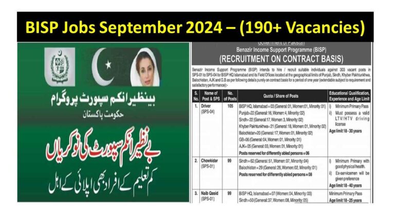 BISP Jobs September 2024 – (190+ Vacancies ) Latest job Advertisement