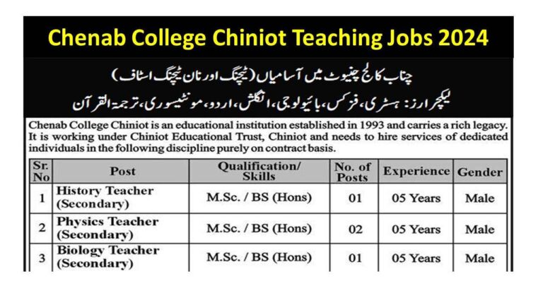 Chenab College, Chiniot Teaching Jobs 2024 For Male and Female