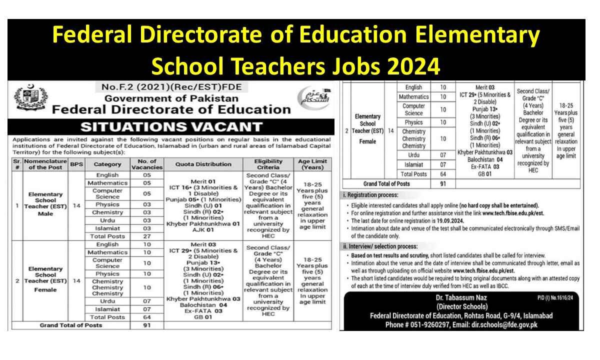 Federal Directorate of Education Elementary School Teachers Jobs 2024