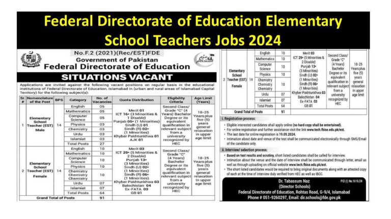 Federal Directorate of Education Elementary School Teachers Jobs 2024