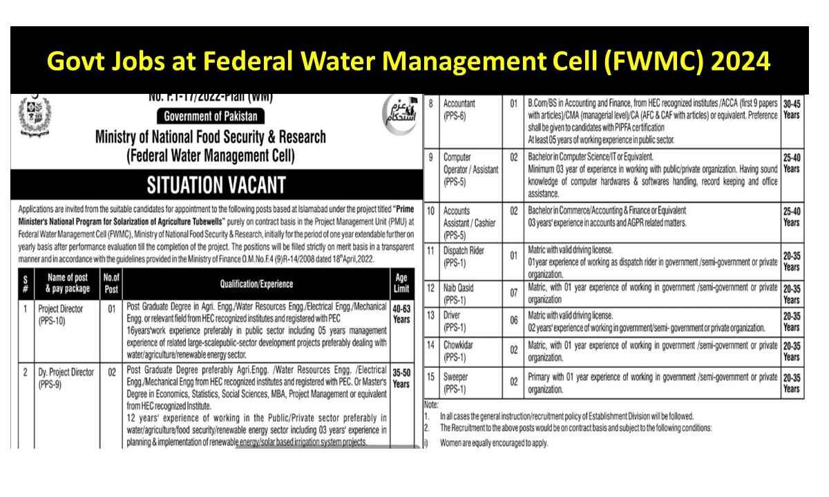 Job Openings at Federal Water Management Cell (FWMC) The Ministry of National Food Security & Research has announced job openings in the Federal Water Management Cell (FWMC) for a project to solarize agriculture tubewells. The positions are based in Islamabad and are contract-based for one year, with the possibility of extension. Vacant Positions: Project Director (PPS-10) Deputy Project Director (PPS-9) Deputy Director Admin & Finance (PPS-8) Water Management Engineer (PPS-8) Deputy Director M&E (PPS-8) Assistant Director IT (PPS-7) Database Administrator (PPS-7) Accountant (PPS-6) Computer Operator / Assistant (PPS-5) Accounts Assistant / Cashier (PPS-5) Dispatch Rider (PPS-1) Naib Qasid (PPS-1) Driver (PPS-1) Chowkidar (PPS-1) Sweeper (PPS-1) More Jobs: Survey of Pakistan Jobs 2024 For BPS-04 to BPS-15 Vacancies Important Instructions: All appointments are contract-based and follow government recruitment policies. Government employees must apply through official channels. Only shortlisted candidates will be called for tests and interviews. No travel or accommodation expenses will be covered for tests/interviews. The hiring authority can accept or reject any application without explanation. To apply: Download detailed job descriptions from www.mnfsr.gov.pk Apply through the National Job Portal at www.njp.gov.pk within 15 days. For more information, contact Mr. Zahid Hussain Qazi at the Federal Water Management Cell, Ministry of National Food Security & Research, Islamabad. Govt Jobs at Federal Water Management Cell (FWMC) 2024