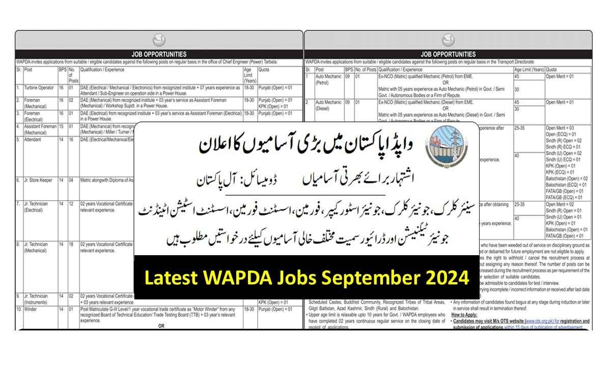 Latest WAPDA Jobs September 2024