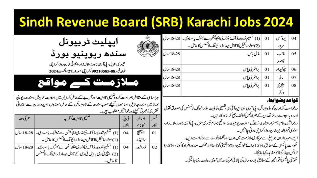 Sindh Revenue Board (SRB) Karachi Jobs 2024 - Latest Vacancies