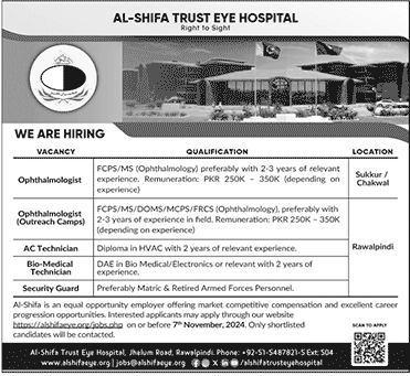 Al-Shifa Trust Eye Hospital Jobs November 2024