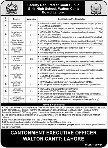 Cantt Public Girls High School Lahore Jobs October 2024