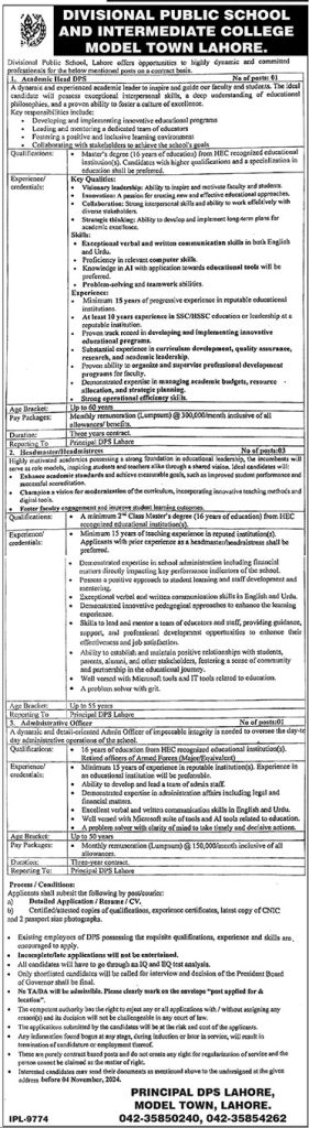 Divisional Public School & Intermediate College Model Town Lahore Jobs October 2024