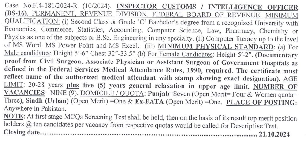 FBR Inspector Customs Jobs 2024 by FPSC Advertisement 10/2024