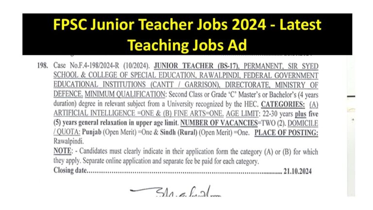 FPSC Junior Teacher Jobs 2024 – Latest Teaching Jobs Ad