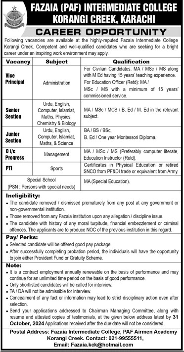 Fazaia Intermediate College Karachi Jobs October 2024