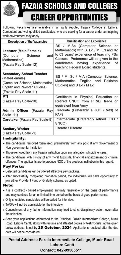 Fazaia School & College Lahore Cantt Jobs October 2024