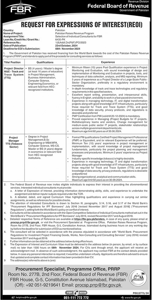 Federal Board of Revenue FBR Jobs October 2024