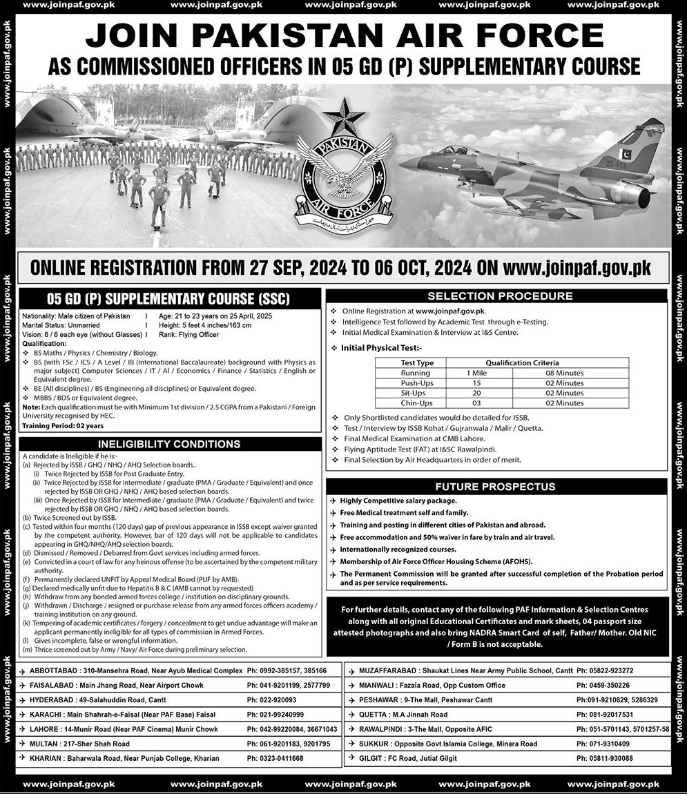 Online Registration to Join Pakistan Air Force (PAF) As Commissioned Officer in 05 GD (P) 2024