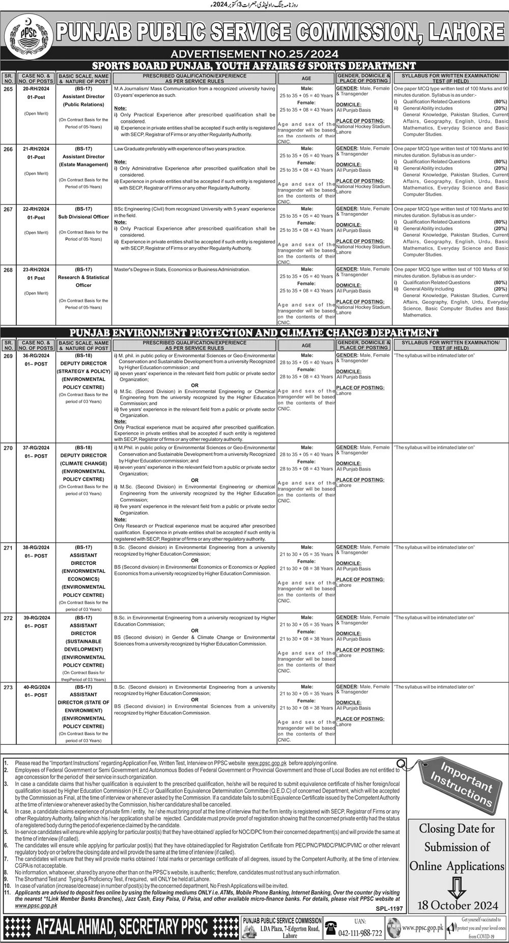 Punjab Public Service commission Jobs Ad No. 25/2024