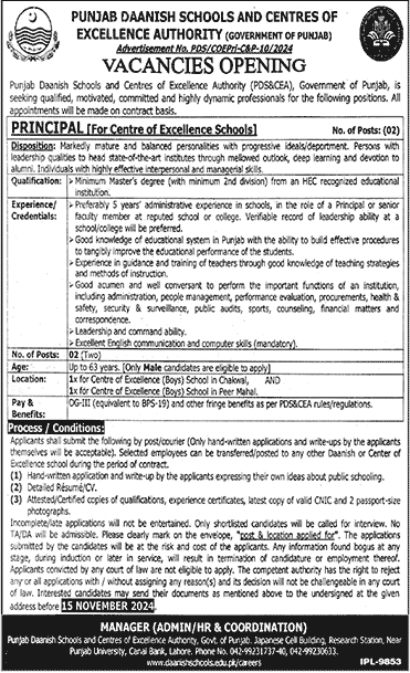 Punjab Daanish Schools & Centers of Excellence Authority Jobs November 2024