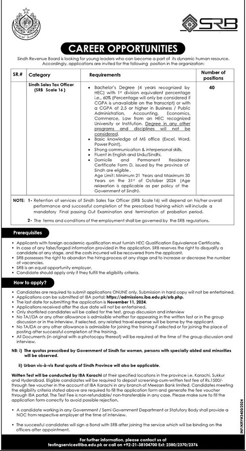 Sindh Revenue Board (SRB) Jobs November 2024