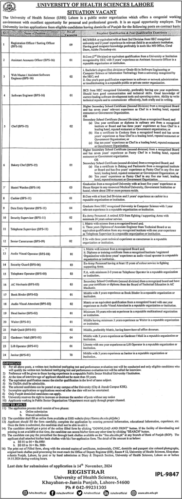 University of Health Science Lahore Jobs November 2024