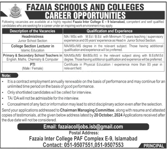 Fazaia Schools & Colleges Islamabad Jobs 2024 ( Teaching / Non Teaching Staff )